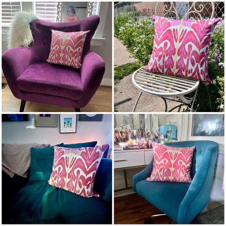 Who wore it better?  And BTW how stunning is this ikat print velvet pillow from SmithHönig?  We are still deciding where best this colorful pillow should “chillow”. Now of course outdoors in not where this cutie is meant to be but the sunlight in the backyard does beat the lower light levels in our home.  You all know #ihavethisthingwithcolor , but which colorful spot should it reside?  Or would it be better off to make this pillow the wandering nomad brining that pop of color wherever it is needed?  Do you think it works best in the purple wing chair, blue vanity chair, the living room sectional or in the backyard?
Go check their summer sale.
 #SmithHonig #LuxePillows #HomeDecor #InteriorDesign #PatternedPillows #Discount #velvetpillows

#LTKGiftGuide #LTKSummerSales #LTKHome