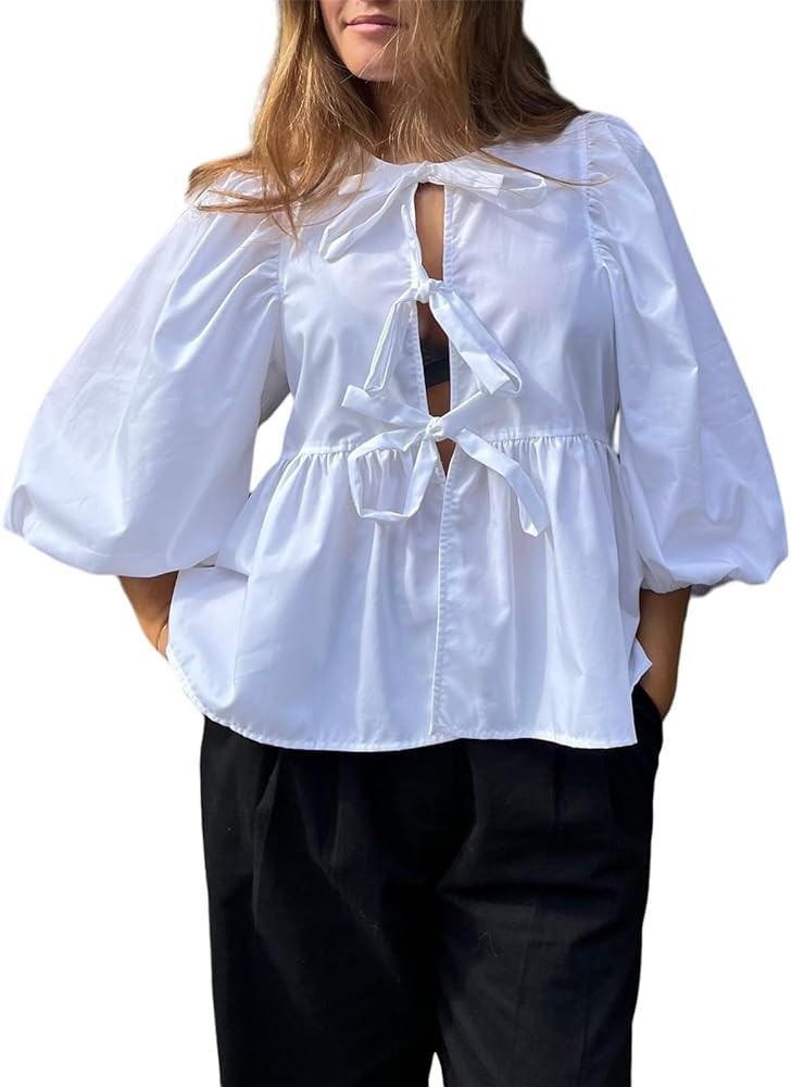 Tie Front Tops for Women Y2k Short Puff Sleeve Blouse Ruffle Hem Peplum Shirt Reversible Babydoll... | Amazon (US)