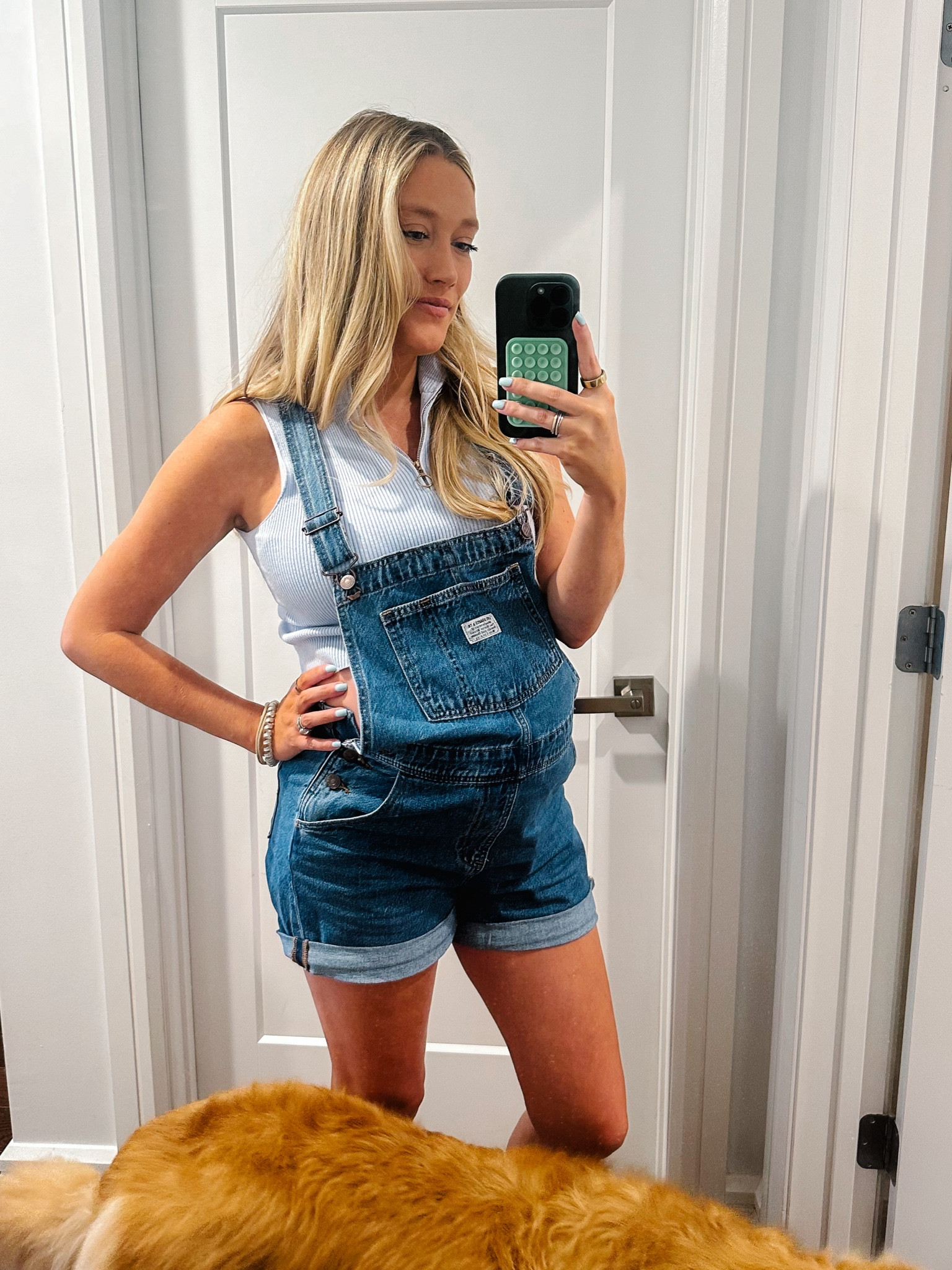 Forcing non-maternity clothes to fit me at 9 months pregnant 😂 
Levi denim short overalls, summer pregnancy outfits, bump outfit, pregnant fits

#LTKFindsUnder100 #LTKBump #LTKSeasonal