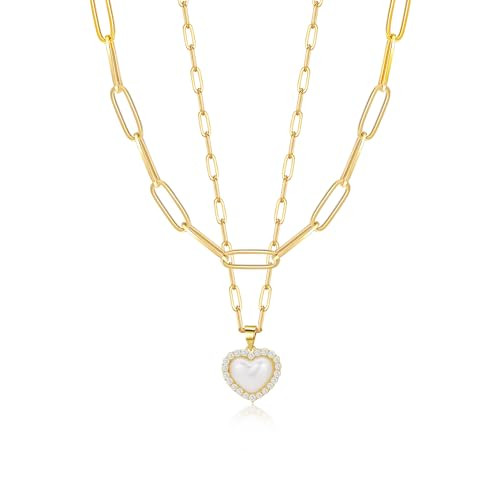 Heart Necklace Gold Charm Necklace Pearl Heart Necklace 14K Gold Paperclip Necklace Adjustable Dainty Layered Choker Necklace Rectangle Necklace Jewelry Gift for Women(Gray) | Amazon (US)