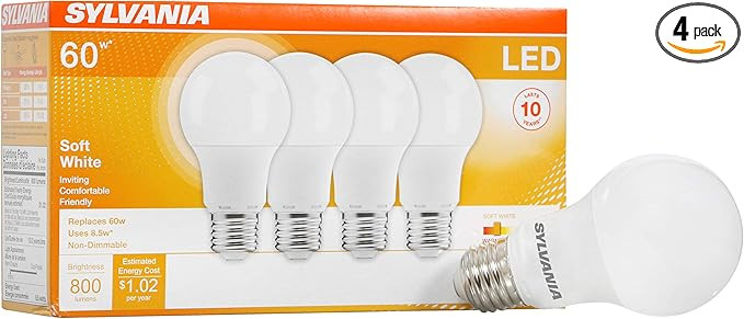 SYLVANIA LED A19 Light Bulb, 60W Equivalent Efficient 8.5W Medium Base, 2700K Soft White, 4 pack | Amazon (US)