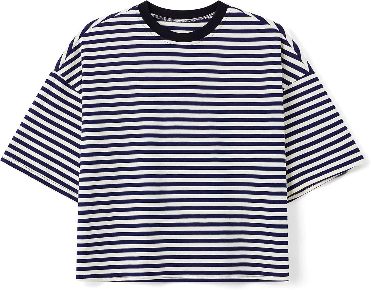Oversized Striped Shirt Women Short Sleeve Crewneck Tshirt Cropped Baggy Tee Tops Drop Shoulder Y... | Amazon (US)