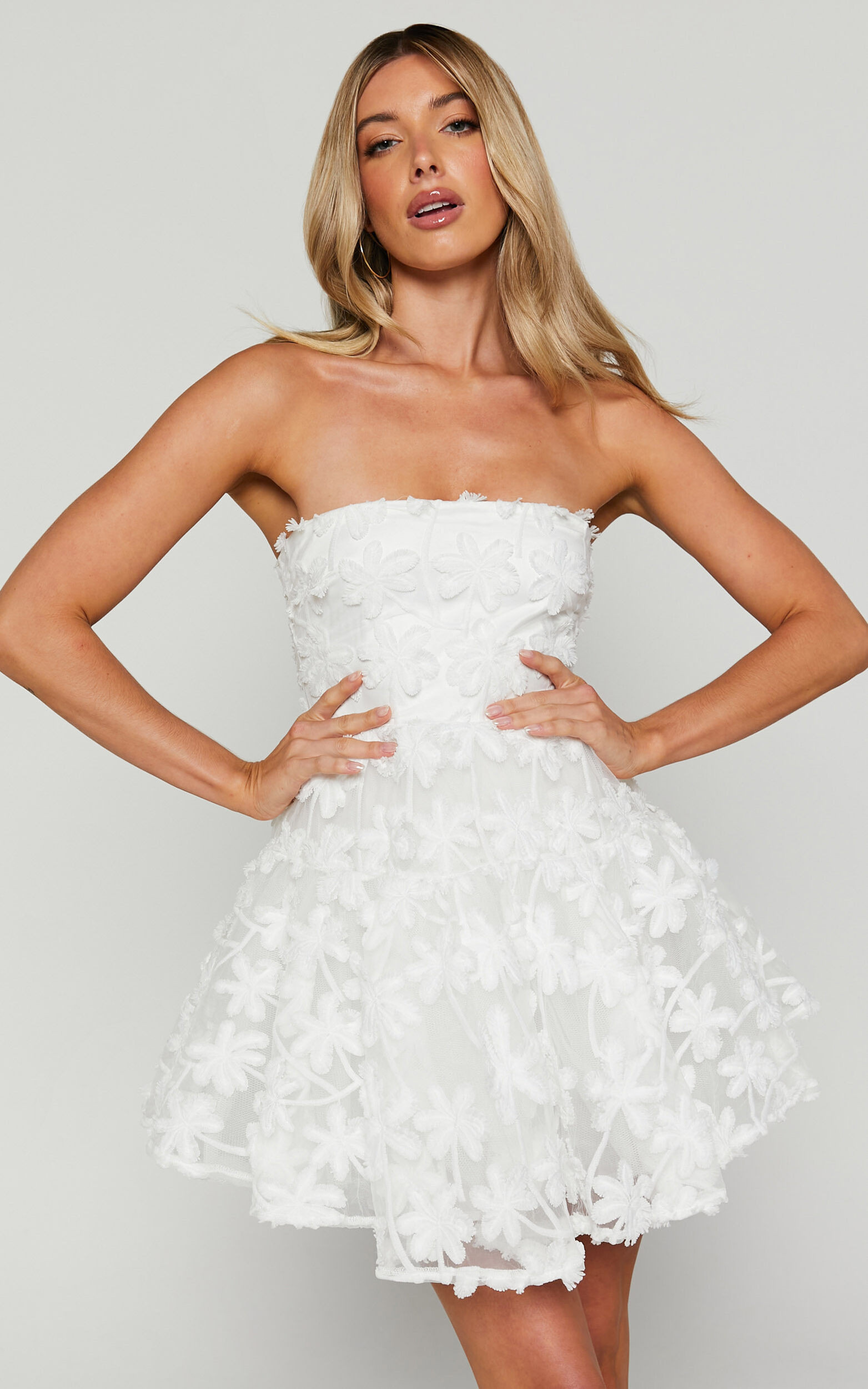 Rheiva Mini Dress - Strapless 3D Embroidery Dress in White | Showpo (US, UK & Europe)