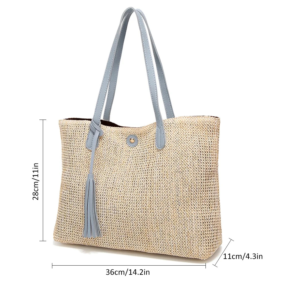Large Capacity Soft PU Straw Tote Bag Women Summer Beach Handbag with Tassel Shoulder Bags | Walmart (US)