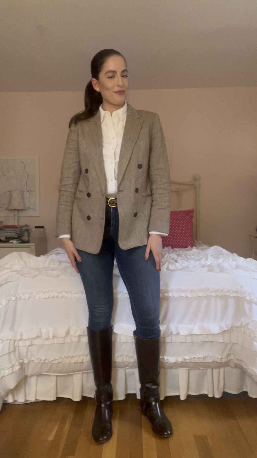 Friends- how else do u wear riding boots but with skinny jeans? 
Trick q- u can’t unless u go bare leg 🦵 and it’s too cold for that!

Riding boots, brown riding boots, tall brown riding boots, tall riding boots, skinny jeans, tweed blazer, herringbone blazer, double breasted blazer, white button down, cheetah belt, white oxford, leopard belt, winter outfit, casual winter outfit, 

#LTKSeasonal #LTKStyleTip #LTKWatchNow