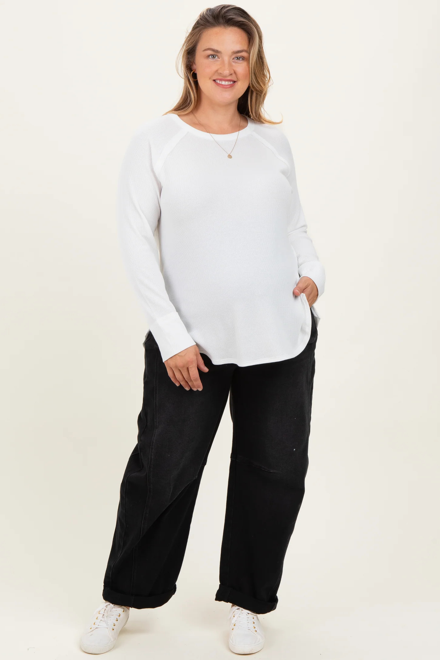 White Baby Waffle Knit Long Sleeve Maternity Plus Top | PinkBlush Maternity
