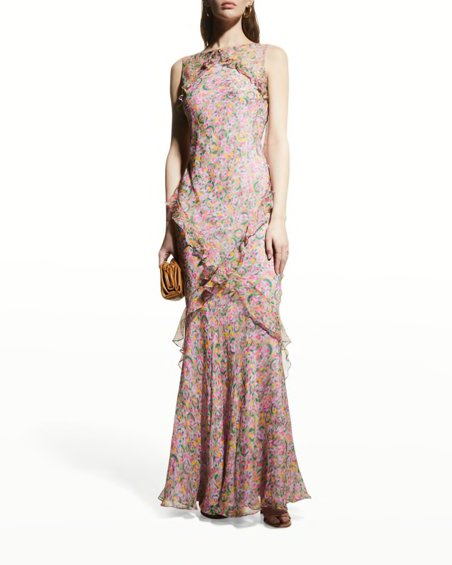 Saloni Tamara-C Cascading-Ruffle Back-Drape Silk Maxi Dress | Neiman Marcus