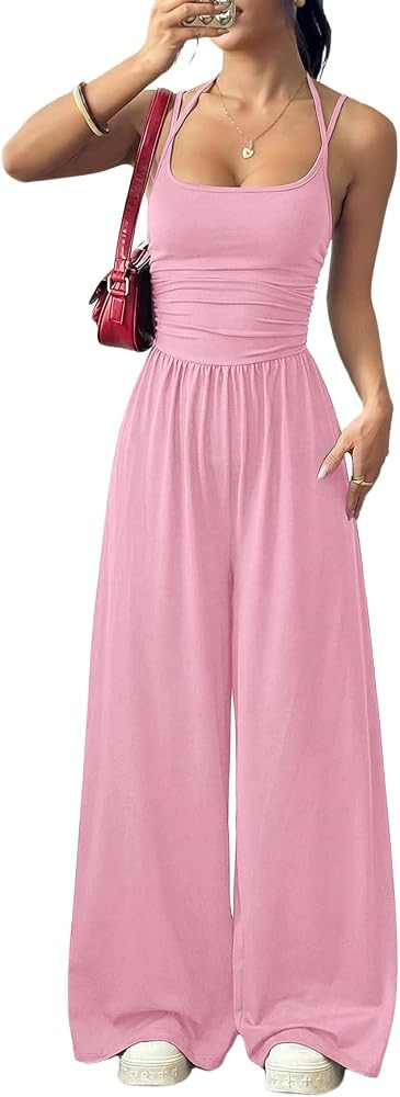 Floerns Women's Summer Jumpsuit Romper Spaghetti Strap Wide Leg Baggy Pants | Amazon (US)