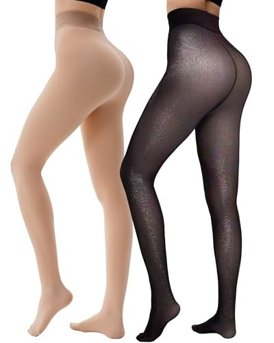 HONGTEYA 2 Pairs Fleece Lined Tights Women - Warm Sheer Pantyhose Fake Translucent Tights Winter Thermal Leggings (US, Alpha, X-Large, Regular, Regular, color+Nude) | Amazon (US)