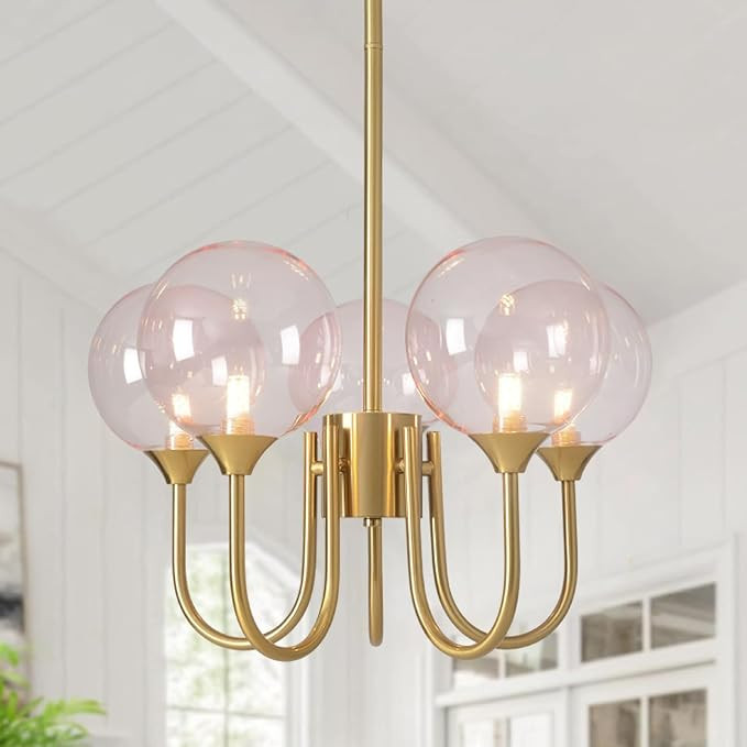 Pink Bubble Chandelier 20 inch 5 Lights, Mid Century Modern Gold Lighting Fixture Glass Sputnik P... | Amazon (US)