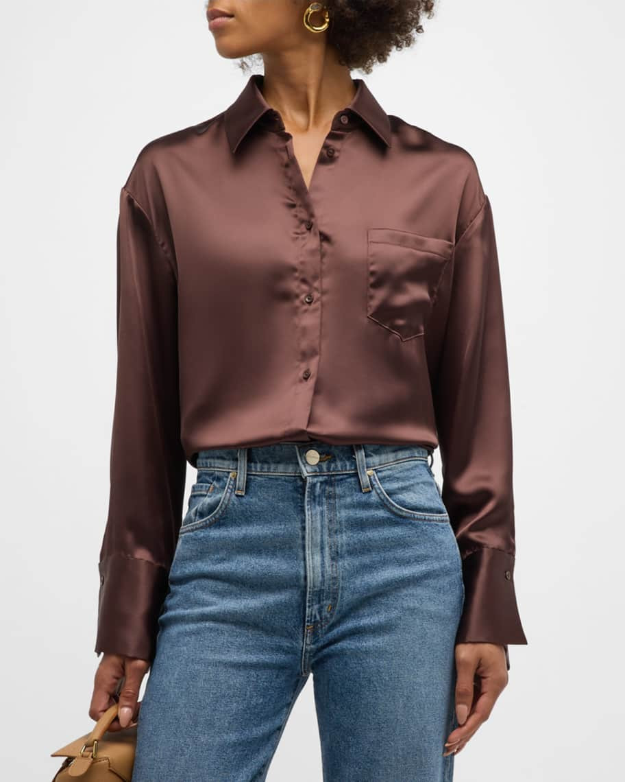 Alice + Olivia Finely Oversized Satin Button-Front Shirt | Neiman Marcus