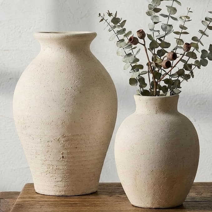 2 Pcs Rustic Farmhouse Vase Terracotta Clay Vase White Pottery Decorative Flower Pot Vintage Deco... | Amazon (US)