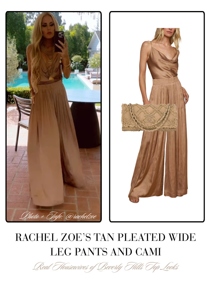 Rachel Zoe's Tan Pleated Wide Leg Pants and Cami 📸 + Info: @rachelzoe 

 