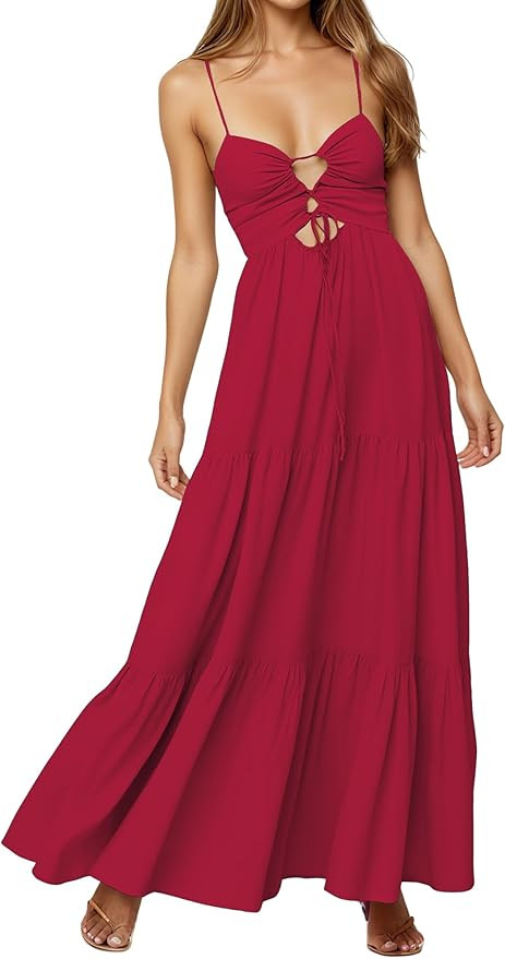 Womens Summer Floral Spaghetti Strap Backless Low Cut Smocked Milkmaid Flowy Beach Sundresses | Amazon (US)