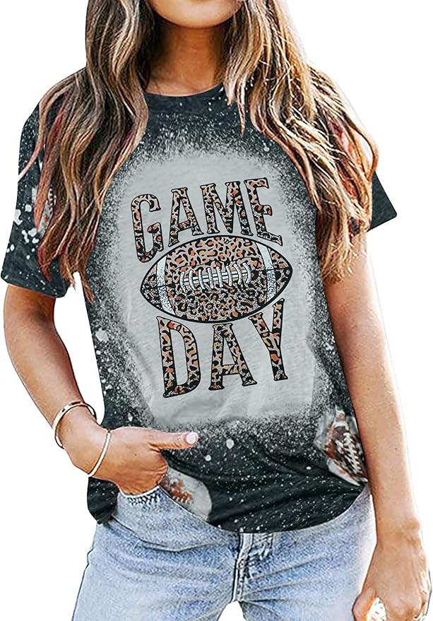 EGELEXY Game Day Shirt for Women Football Tops Leopard Graphic Tee Casual Short Sleeve Shirts Top | Amazon (US)