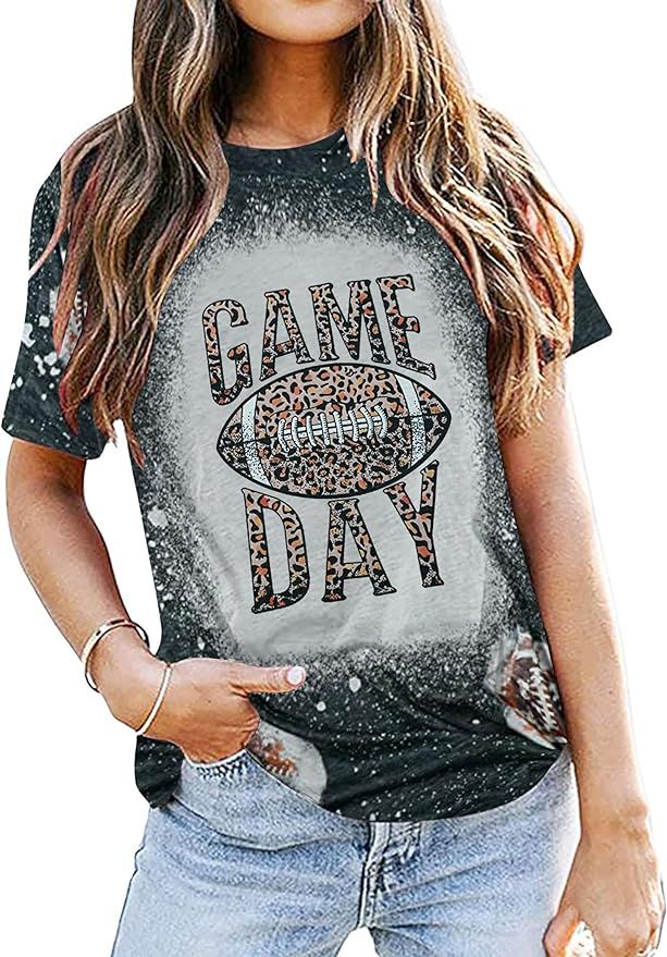 EGELEXY Game Day Shirt for Women Football Tops Leopard Graphic Tee Casual Short Sleeve Shirts Top | Amazon (US)
