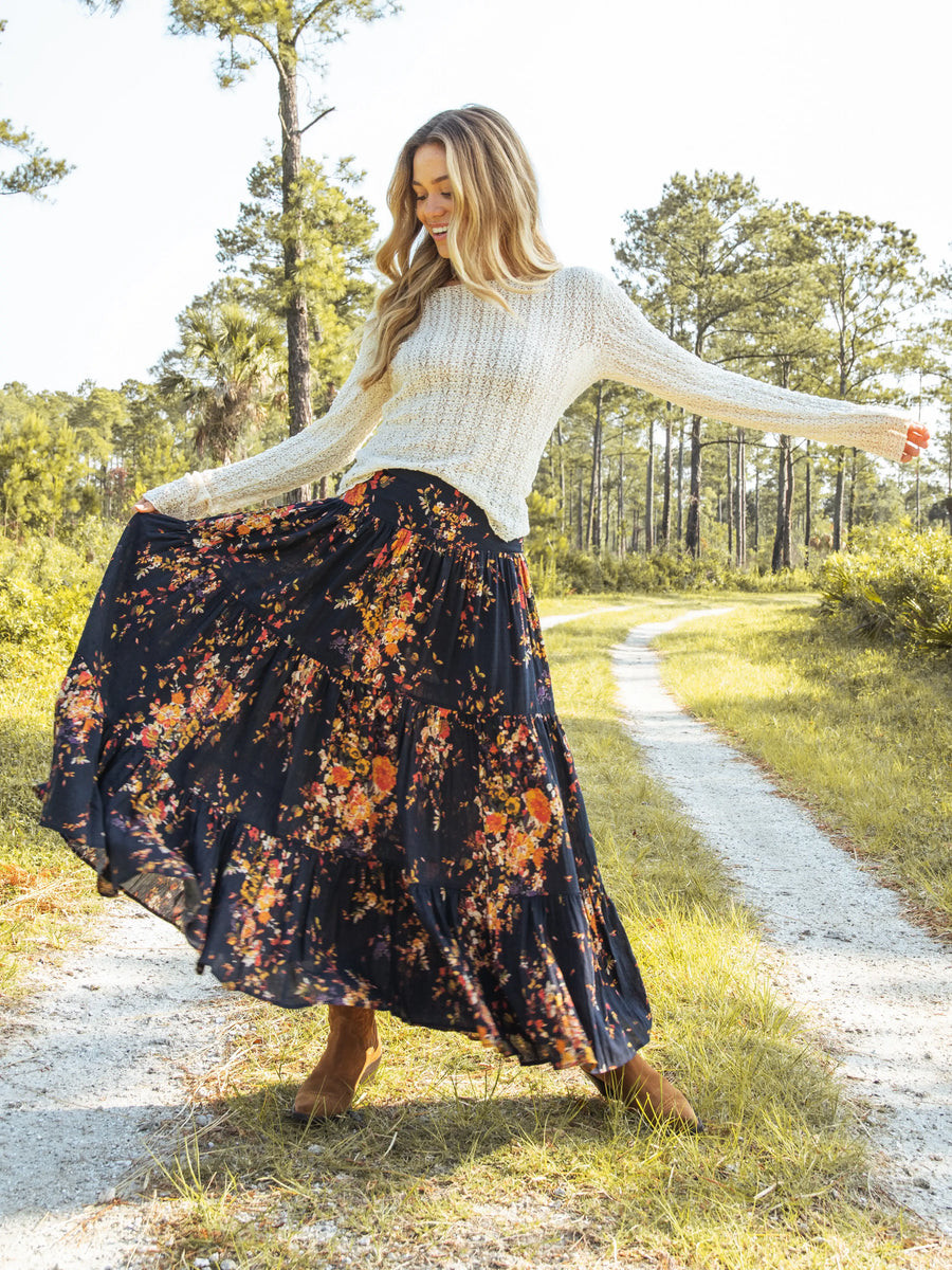 Hanna Convertible Maxi Skirt - Navy Red Bouquets | Natural Life