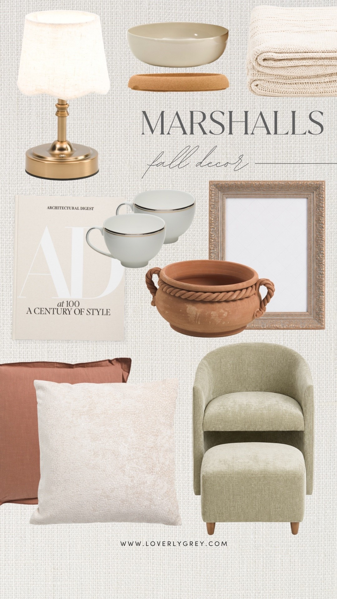 Marshalls fall decor featuring warm neutrals, terracotta accents, cozy pillows, brass lighting, decorative books and an accent chair with matching ottoman. Affordable finds for giving your living room or bedroom a cozy fall refresh!

#LTKSeasonal #LTKHome