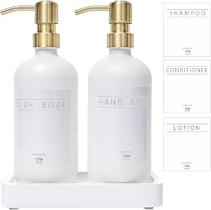 Glass Soap Dispenser for Kitchen with Stainless Steel Pump and Wood Tray, Modern Bathroom Dispens... | Amazon (US)