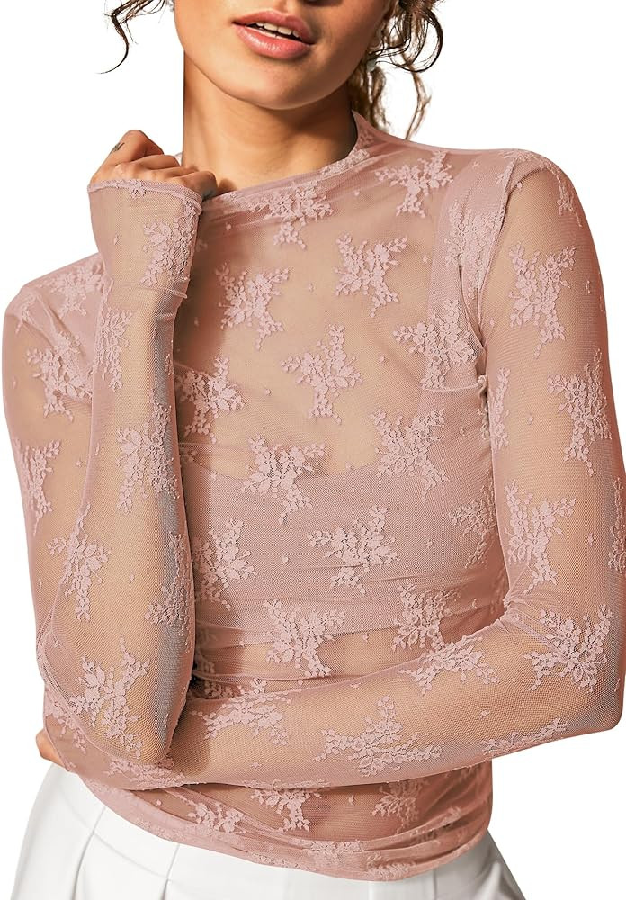 KTILG Womens Mesh Long Sleeve Top Sheer Blouse Sexy See Through Tee Shirt Lace Tops S-XXL | Amazon (US)