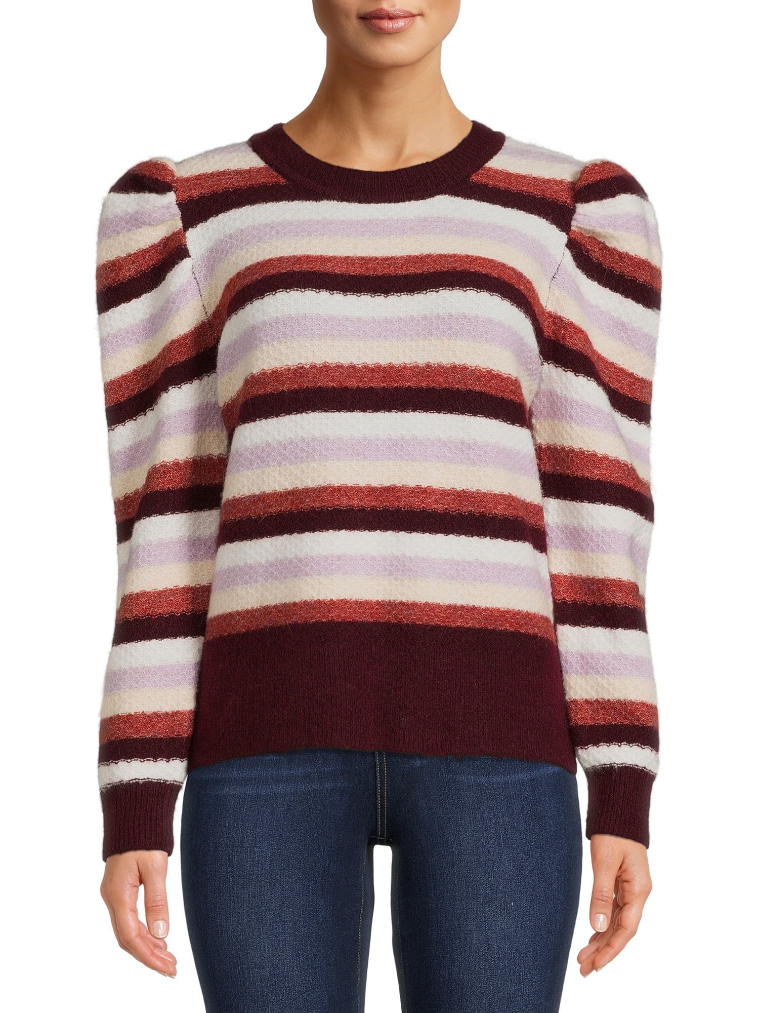 Time and Tru Women’s Striped Puff Sleeve Sweater - Walmart.com | Walmart (US)