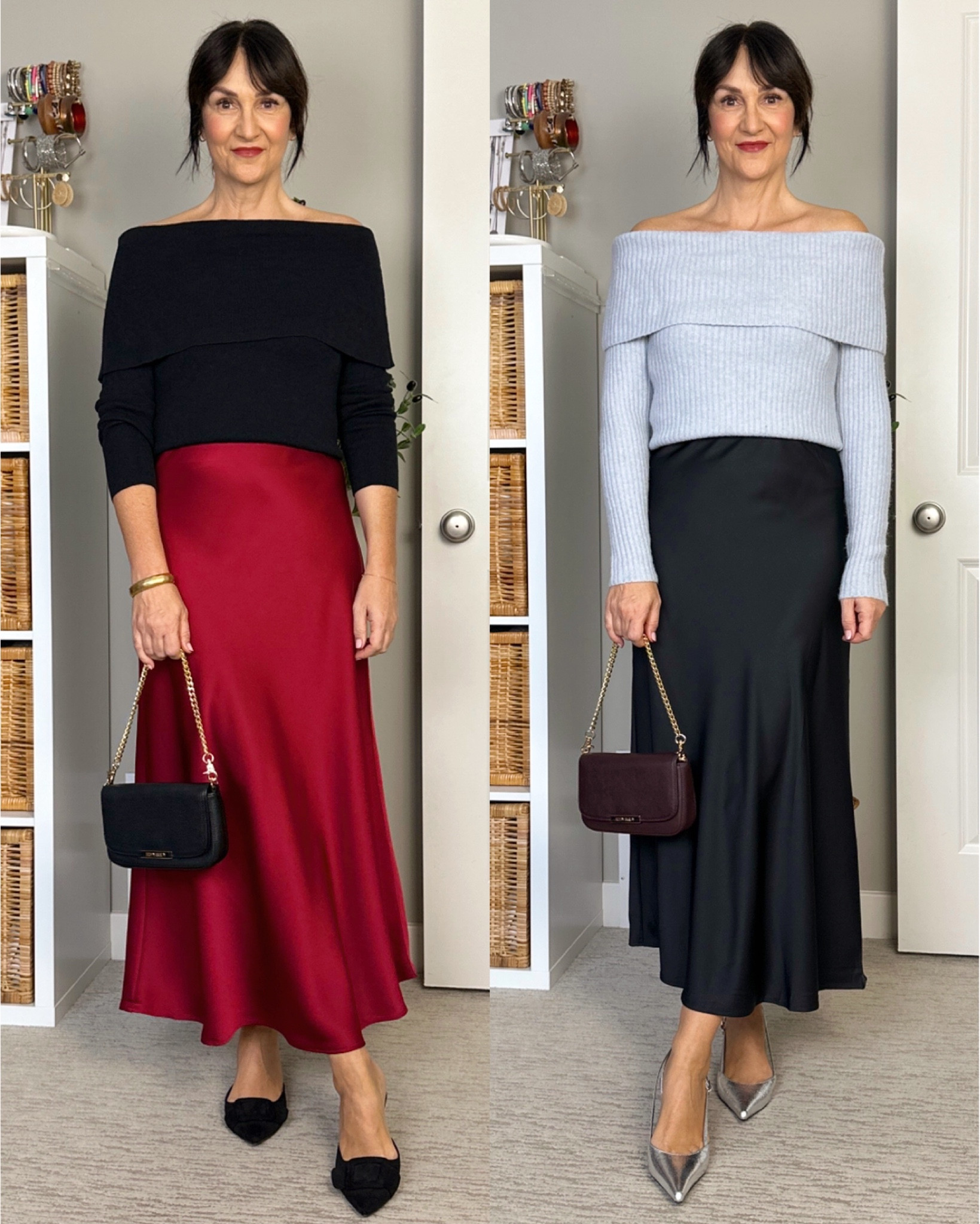 Outfit ideas for a satin maxi skirt: dressy-ish outfits. I’m 5’ 7” size 4 wearing my usual size S in both skirts. It’s the same skirt in two different colors and there are several other colors available.
Wearing my usual size S in both off the shoulder tops. Both shoes also fit tts, go up if between sizes. 
My bag also comes with a longer leather strap to wear crossbody. I have it in black and plum.


#LTKSeasonal #LTKParties #LTKStyleTip