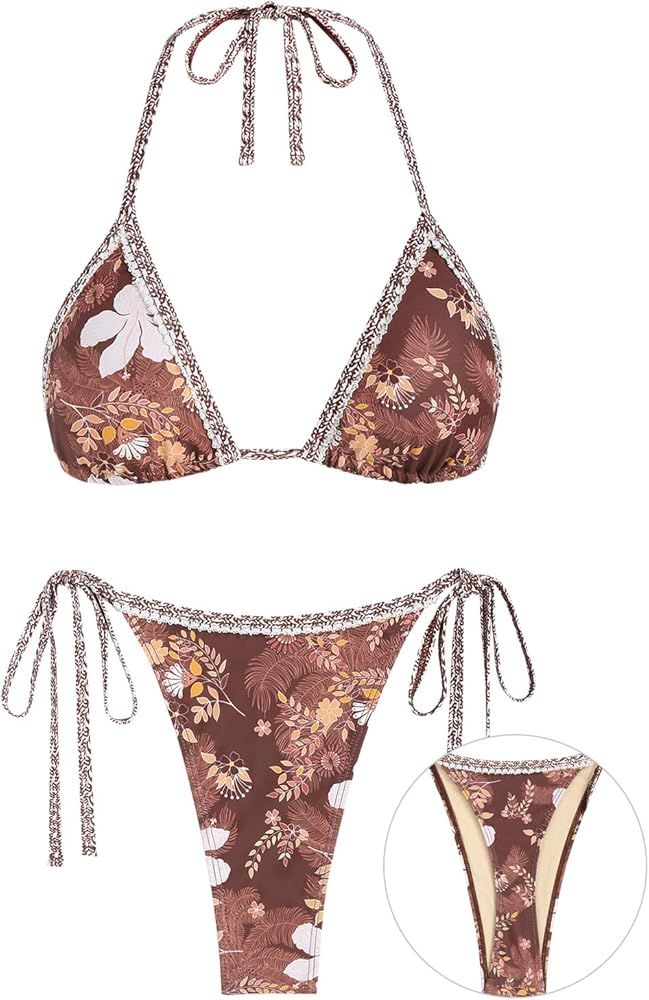 ZAFUL Women's Sexy Halter Bikini Sets Scalloped Floral Print Embroidered Bikini Swimsuits Triangl... | Amazon (US)