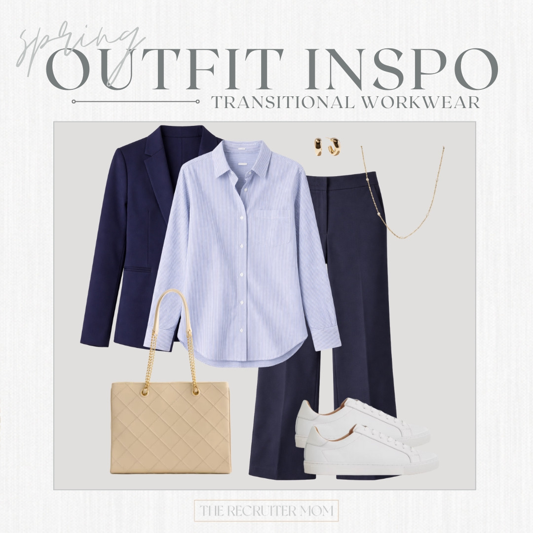 Navy blazer and trousers styled with a striped button down and clean white sneakers. Comfortable office chic. 

 #modernworkwear #transitionalstyle 

#LTKSeasonal #LTKOver40 #LTKMidsize