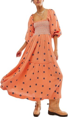 Y2k off Shoulder Floral Dress Boho Long Flowy Flower Embroidered Maxi Dress Puff Sleeve Smocked Square Neck Tiered Beach Dress | Amazon (US)