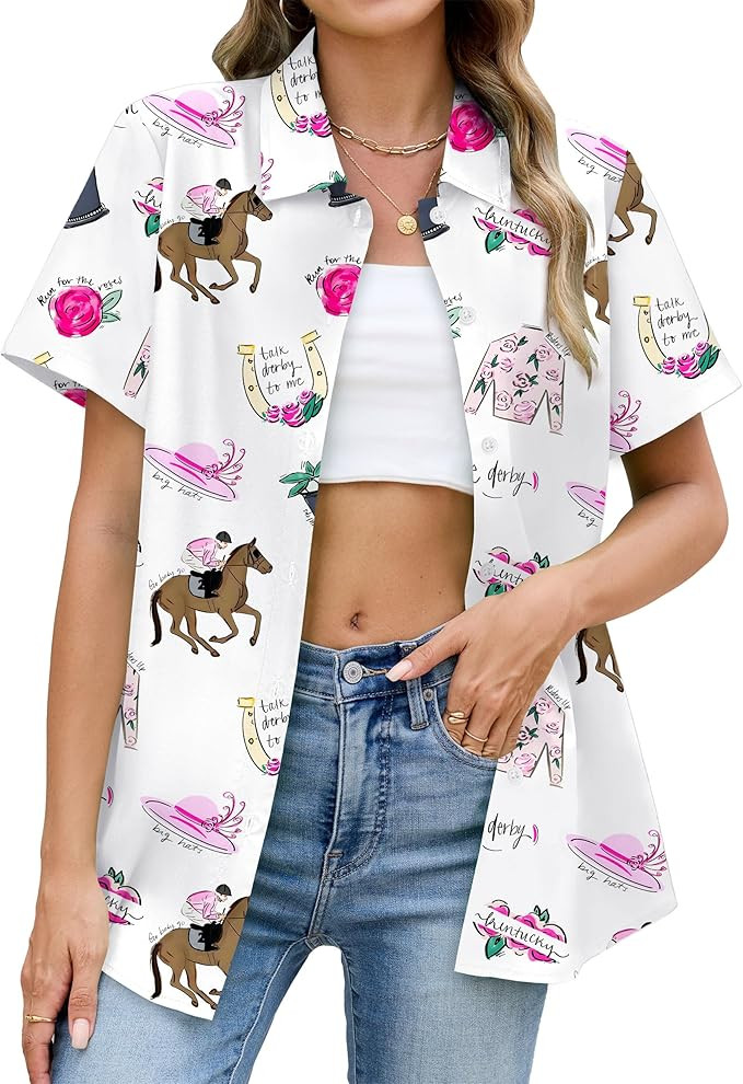 Horse Racing Shirts for Women Funny Horse Lover Riding Button Down Graphic Outfits | Amazon (US)