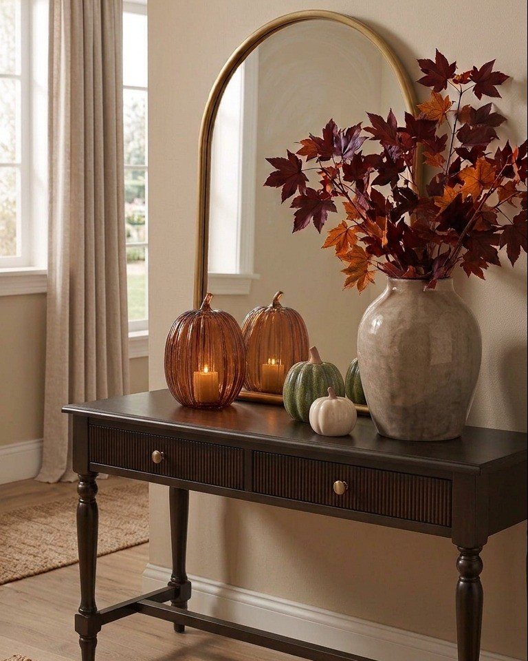 Bring cozy autumn texture into your space with these glass and ceramic pumpkins styling an entryway console. #fallhome #falldecor #entrywaydecor #neutralhome

#LTKSeasonal #LTKHome