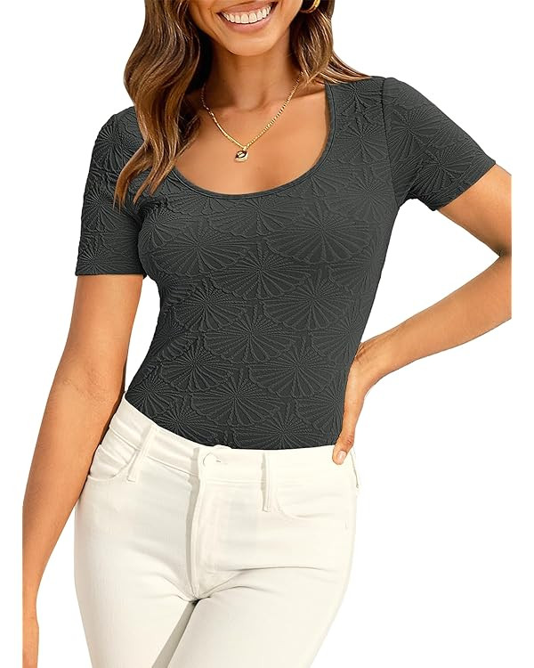 MIHOLL Women's Short Sleeve Scoop Neck T Shirts 2024 Summer Slim Fit Tee Tops Floral Basic Casual... | Amazon (US)