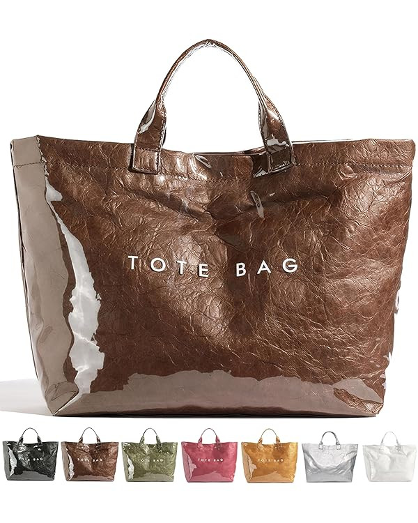 PVC Trendy Tote Bag for Women, Kraft Paper Letter Print Tote Bag Large Work Tote Handbag with Top... | Amazon (US)