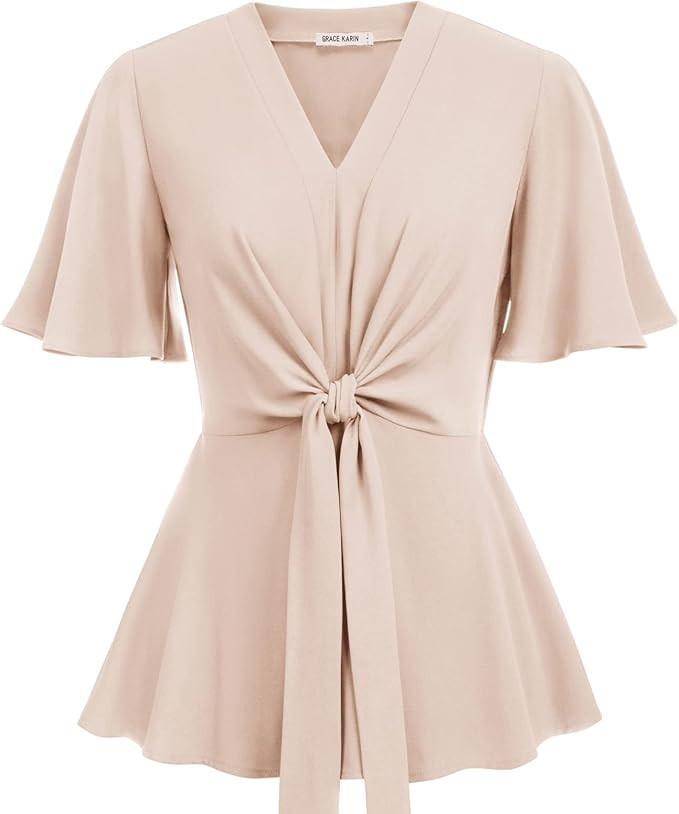 GRACE KARIN 2024 Women's Elegant V Neck Peplum Tops Tie Front Short Bell Sleeve Shirts Tops Blous... | Amazon (US)