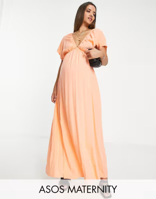 ASOS DESIGN Maternity flutter sleeve maxi beach dress in coral | ASOS (Global)