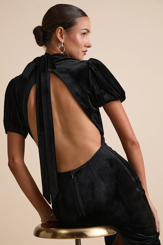 Fabulous Intuition Black Velvet Backless Column Midi Dress | Lulus