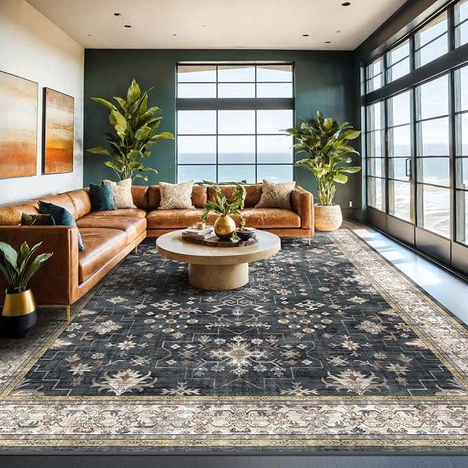 Boho Black Rug for Living Room - Washable 10x14 Area Rug, Dining Room Rugs for Under Table, Soft ... | Amazon (US)