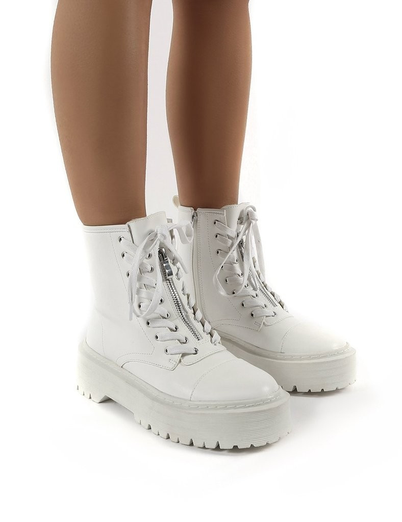 Blake White PU Lace Up Chunky Sole Ankle Boots | Public Desire (US & CA)