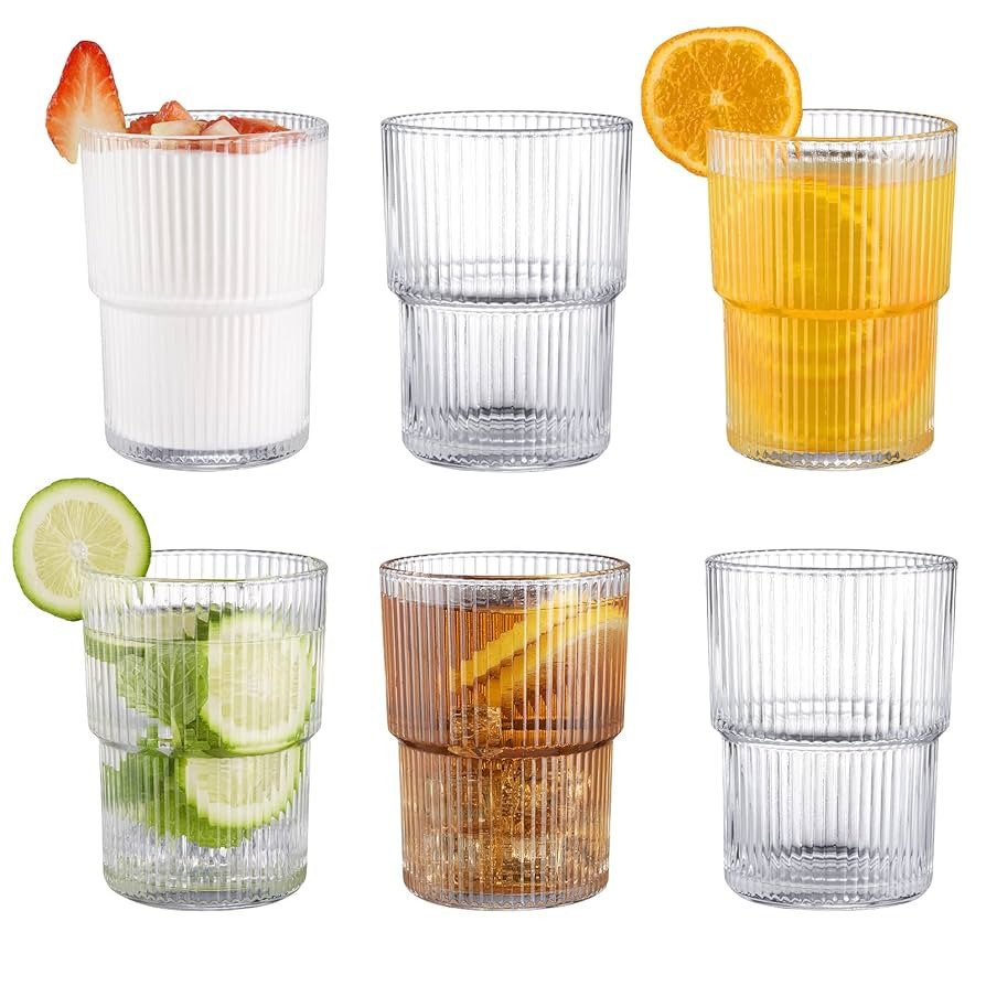 Ribbed Glassesware 14 Oz Ripple Drinking Glasses Iced Coffee Glasses Glass Cup Set Of 6 Vintage D... | Amazon (US)