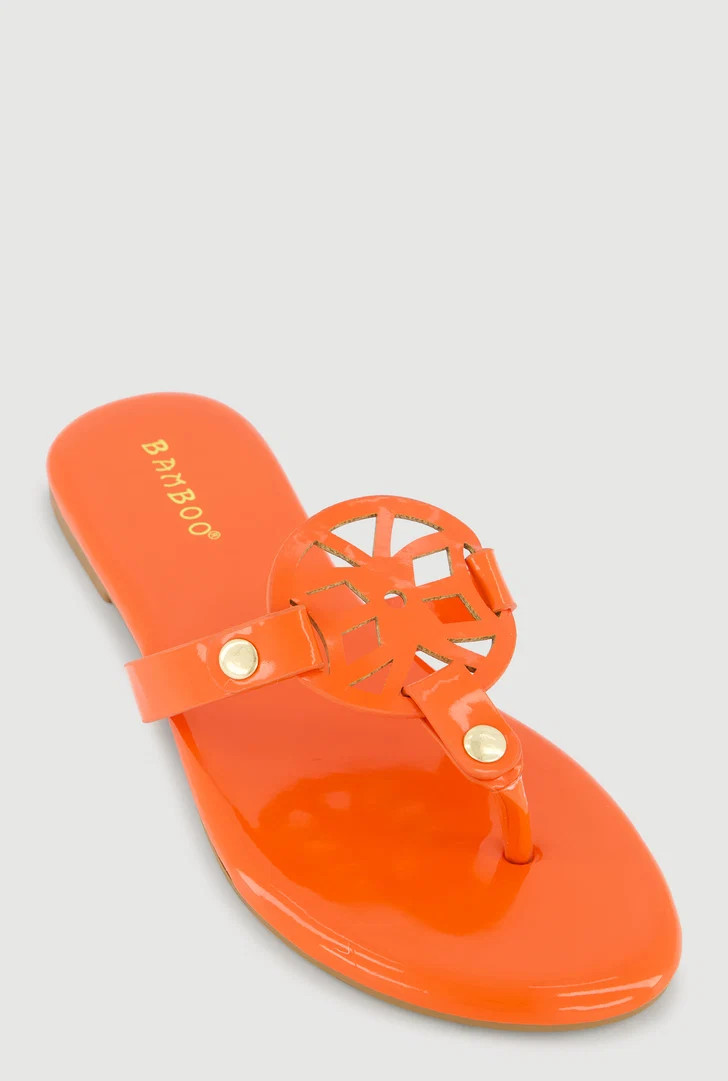 Faux Leather Cut Out Pendant Thong Sandals | Rainbow Shops