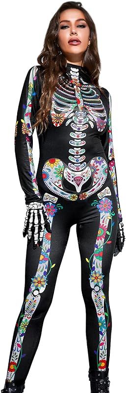 3D Women'S Skeleton Costume Halloween Sugar Skull Costume Halloween Women Skeleton Bodysuit Jumps... | Amazon (US)