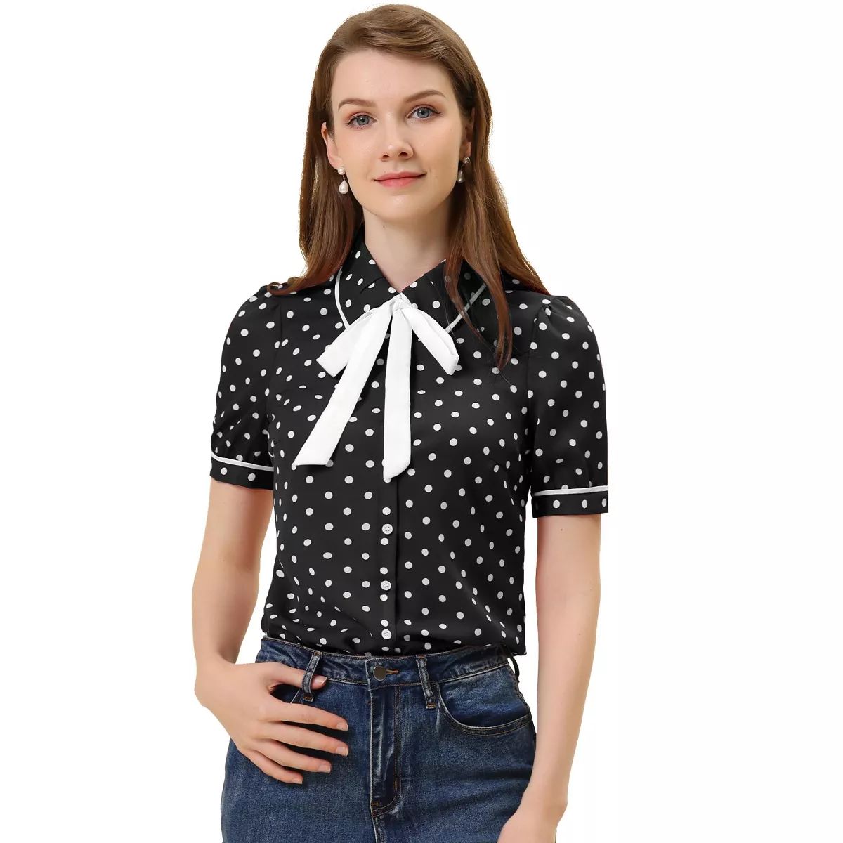 Allegra K Women's Polka Dots Peter Pan Collar Tie Neck Short Sleeve Shirt | Target