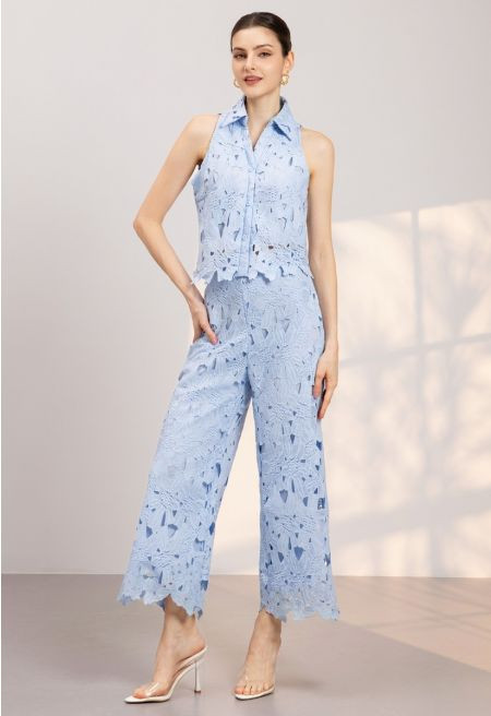 Guipure Lace Collar Crop Top and Pants Set in Light Blue for Tropical Vacations & Beach Getaways | Chicwish