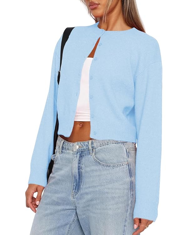 Balimtoy Women's Cropped Cardigan Sweaters Long Sleeve Button Down Sweaters Knit Cardigan Cute Y2... | Amazon (US)