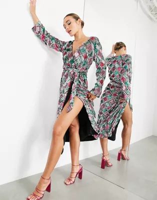 ASOS EDITION diamond belted wrap midi dress in sequin | ASOS (Global)