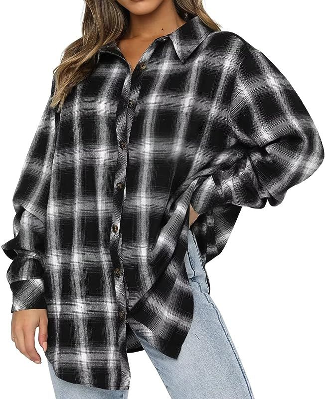 Womens Buffalo Plaid Flannel Shirt Long Sleeve Collar Button Down Blouses Tops | Amazon (US)