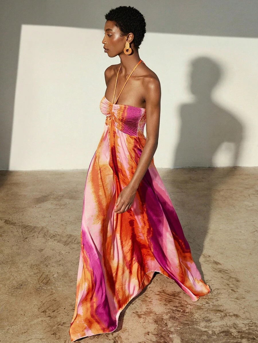 Aveloria Modichic Chiffon Tie-Dye Print Halter Neck Tie-Up Sleeveless Vacation Dress | SHEIN