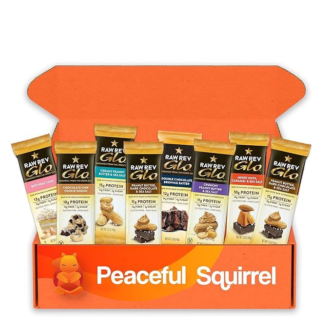 Peaceful Squirrel Variety, Raw Rev, Glo Bars, High Protein and Fiber, Vegan, Gluten-Free Bars –... | Amazon (US)