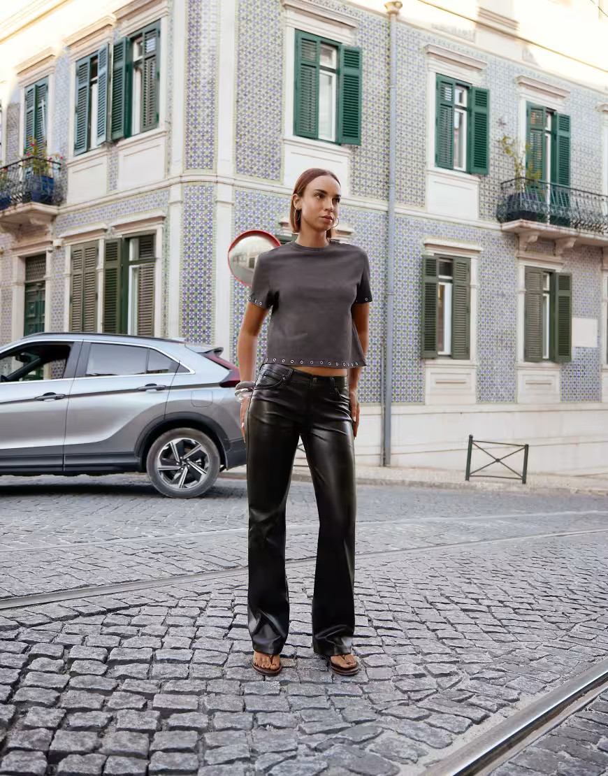 Bershka Leather effect boot-cut trousers in brown | ASOS (Global)