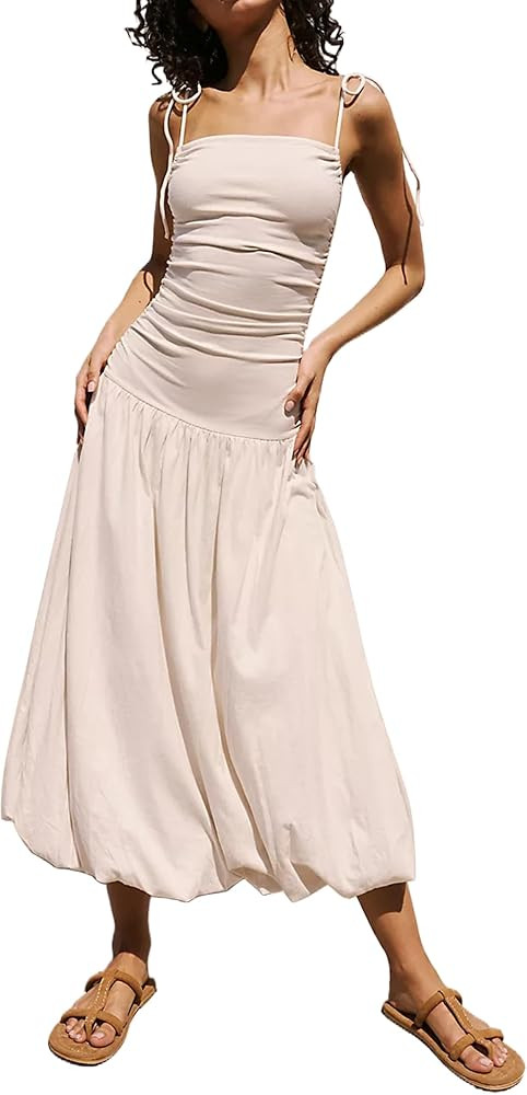 Women Sleeveless Drop Waist Midi Dress Square Neck Ruched Drawstring Strap Bubble Skirt Hem Maxi ... | Amazon (US)